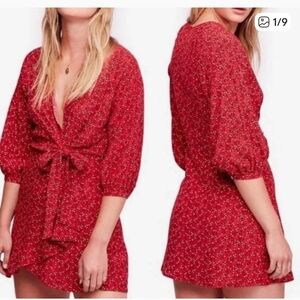 Free People Red Floral Mini Dress For Detail Boho Long Sleeve V Neck Medium